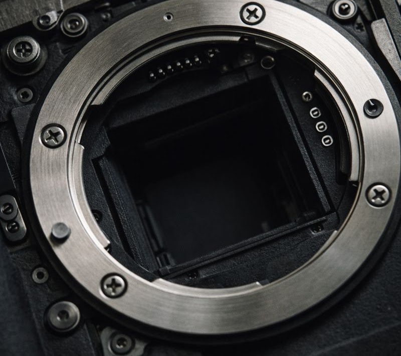 Close view of a camera lens mount